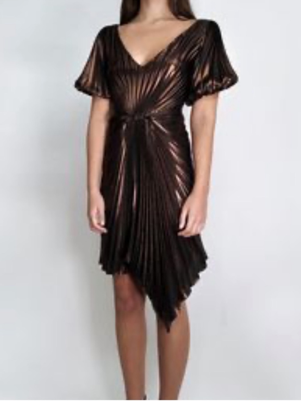 Metallic Brown Pleated V-Neck Twist-Waist Dress